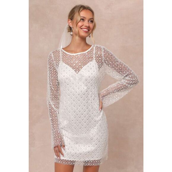 Lulu's Dresses & Skirts - NWT Lulus Glowing Charisma White Sequin Pearl Mesh Long Sleeve Dress Bride Sz XL